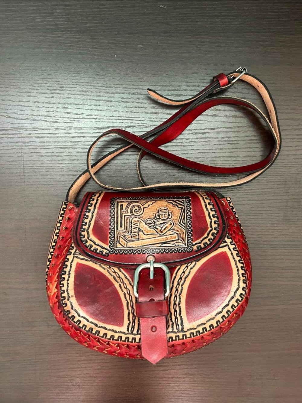 Hand Tooled Leather Crossbody Bag Aztec Calendar Style Red Tan Artisan Purse